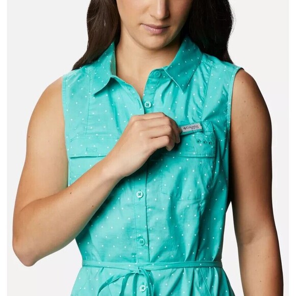 NWT New Womens Columbia Yellow Blue White Dot Dress PF M Pockets Cotton Rod Logo - Picture 5 of 12